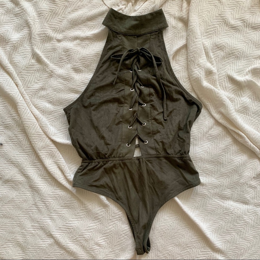 Army green suede thong bodysuit